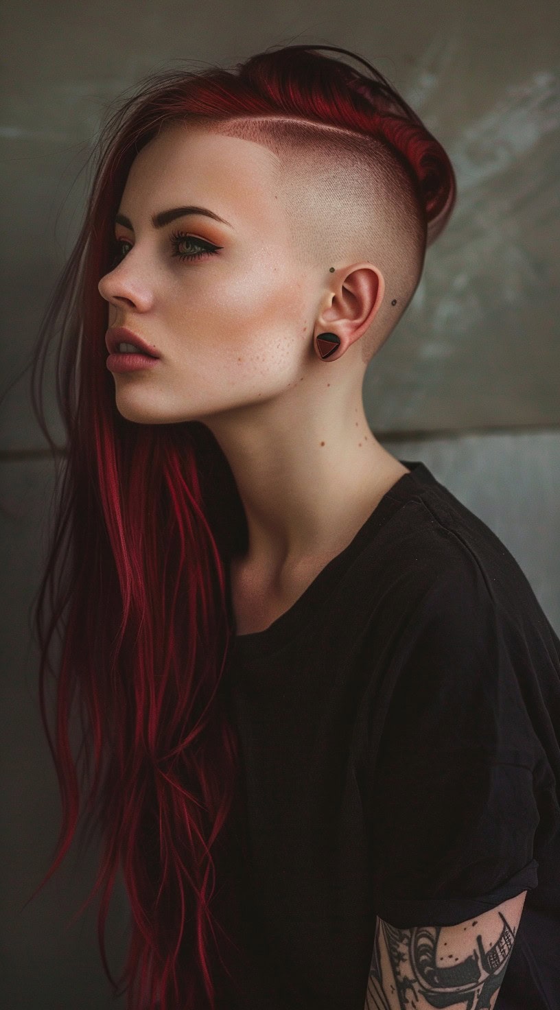 This photo depicts a woman with a fade undercut and long, vibrant red hair.