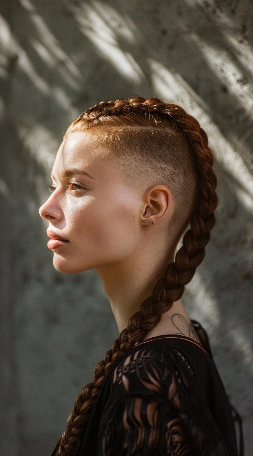 This image shows a woman with a fade undercut and a long Dutch braid.