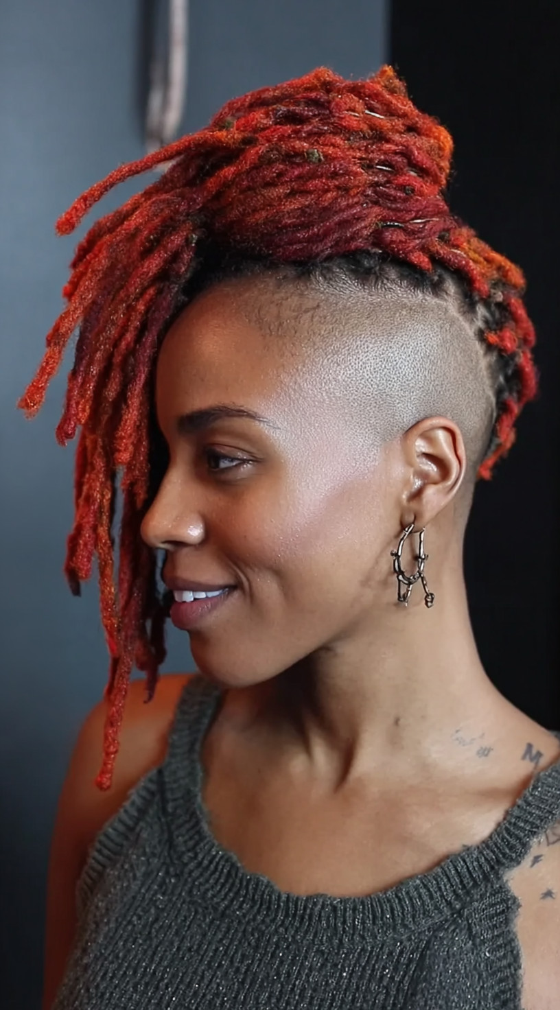 Side view of a woman with bright red locs styled into a high updo, featuring completely shaved sides.