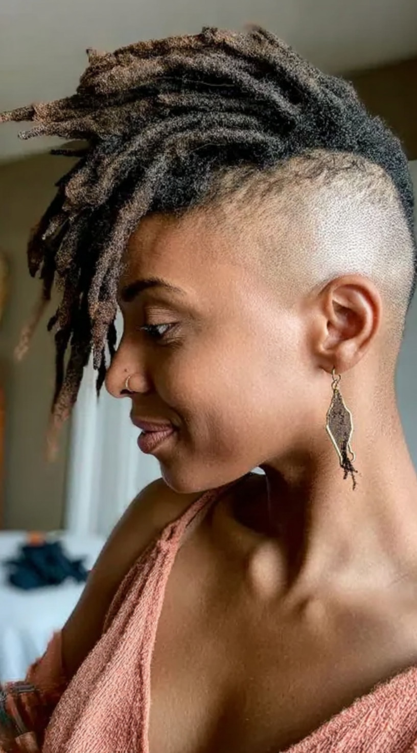 Side view of a woman with forward-swept locs over a clean skin fade undercut.