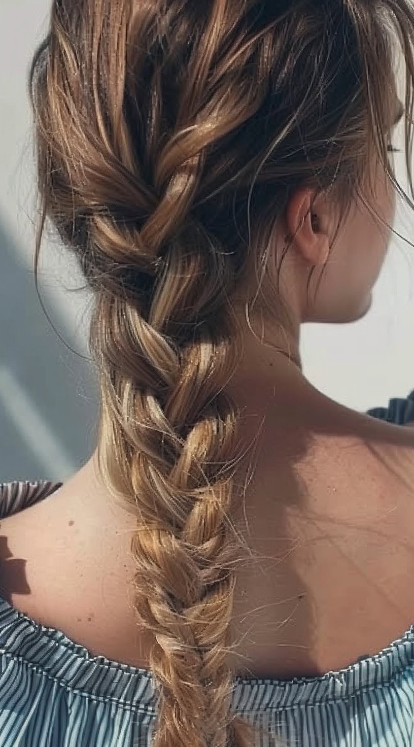 A woman with light brown hair in a loose French braid starting at the top and flowing down her back.