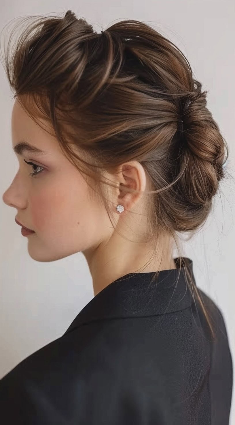 Side profile of a woman with a classic French twist in an elegant updo.