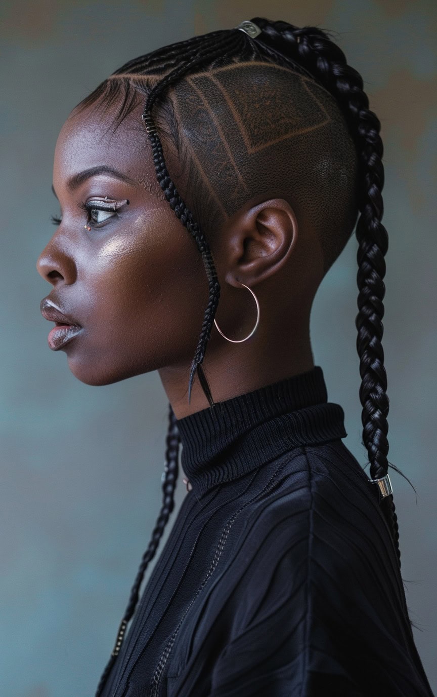 Profile of a woman with geometric shaved designs and dual braids, sporting minimal makeup.