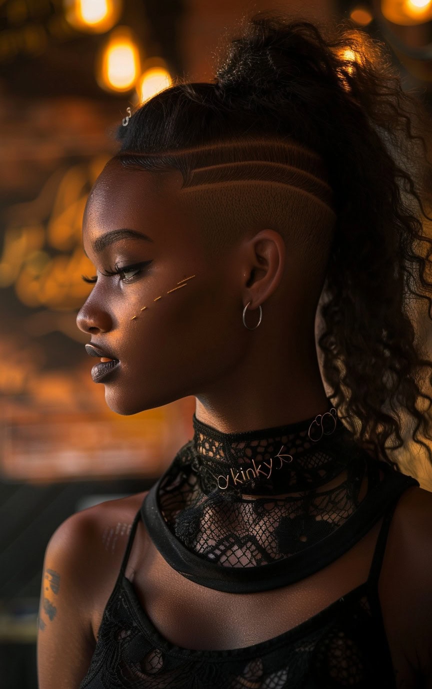 Side profile of a woman with geometric shaved sides and a high ponytail, highlighted by warm lighting.