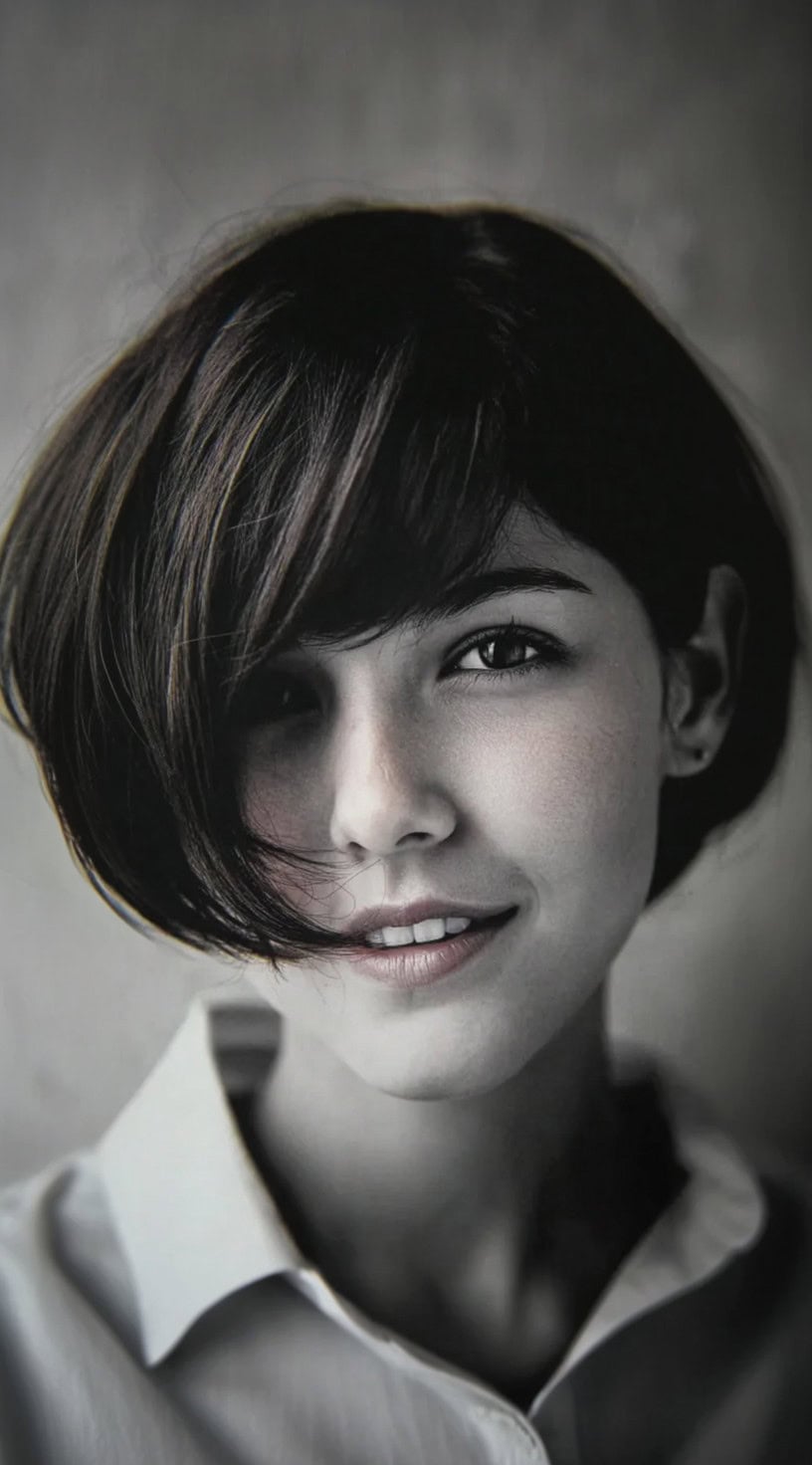 Young woman with a short rounded bob and long curved bangs covering one eye.