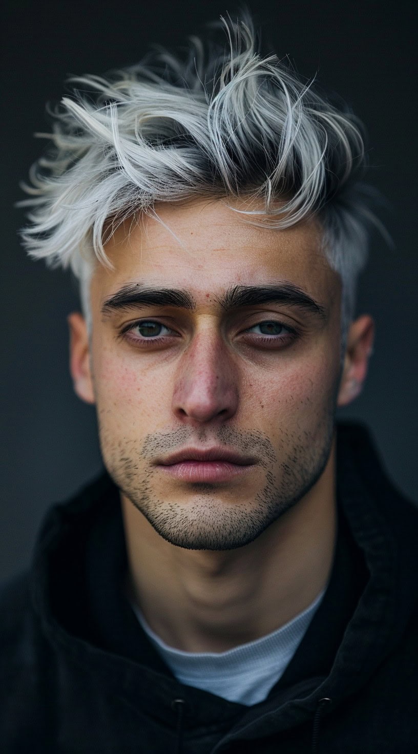 In this photo, a man with a textured grey gradient hairstyle is looking directly at the camera.