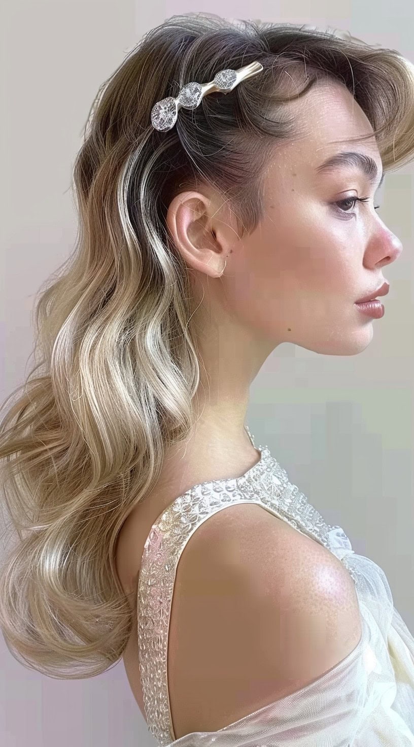 Profile view of a woman with her hair down and decorative barrettes.