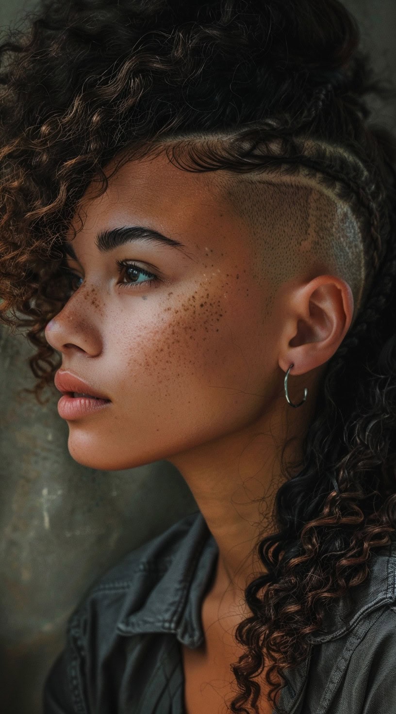 A woman with long curly hair, half braided with a shaved undercut.