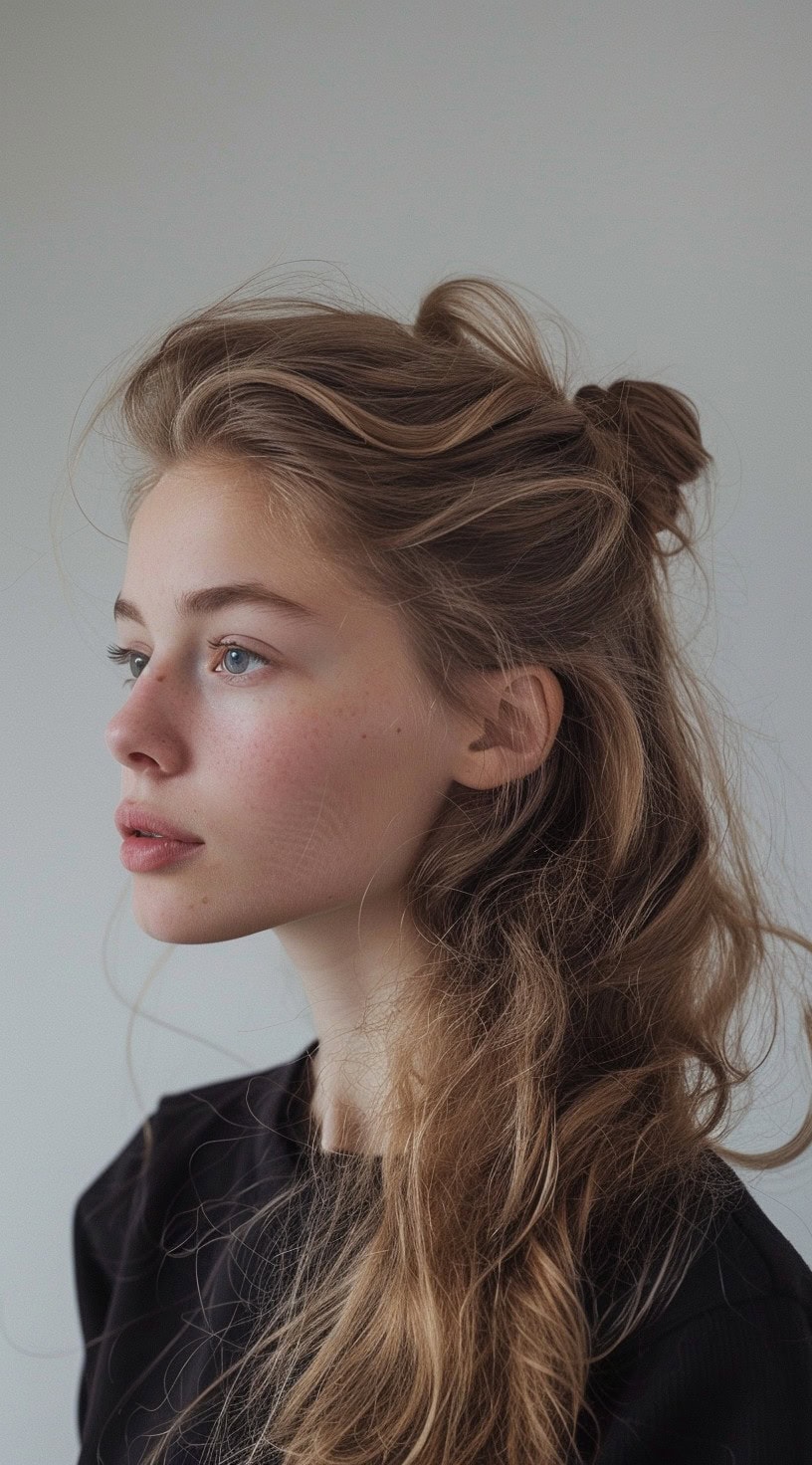 Profile view of a woman with a half-up, half-down hairstyle in a relaxed setting.