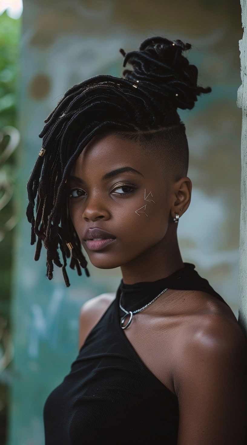 Front view of a woman with locs styled half-up with an undercut, standing against a graffiti wall.