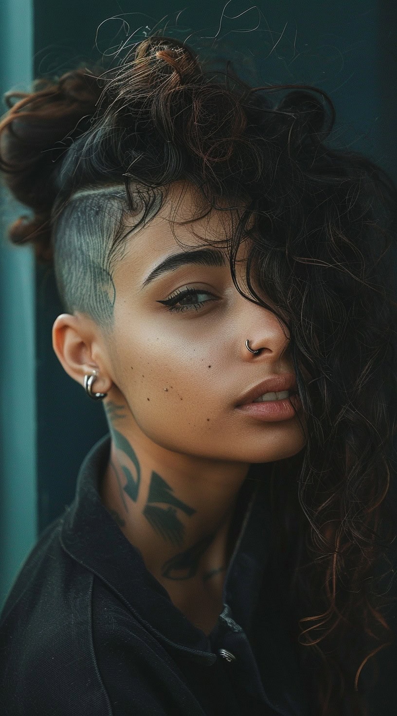 A woman with long curly hair styled half up, revealing a shaved undercut.