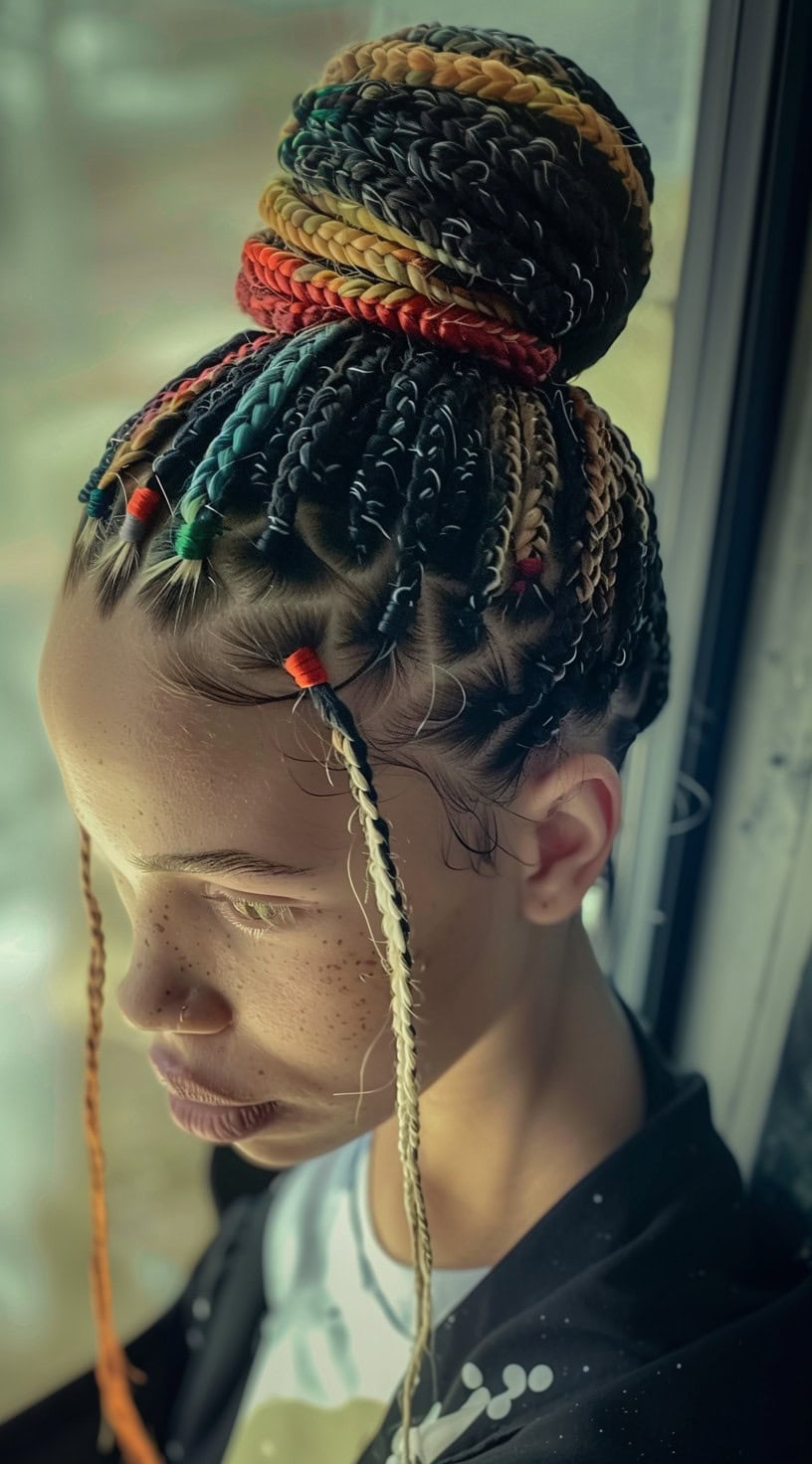 In this photo, a woman with a high braided bun features multi-colored highlights.