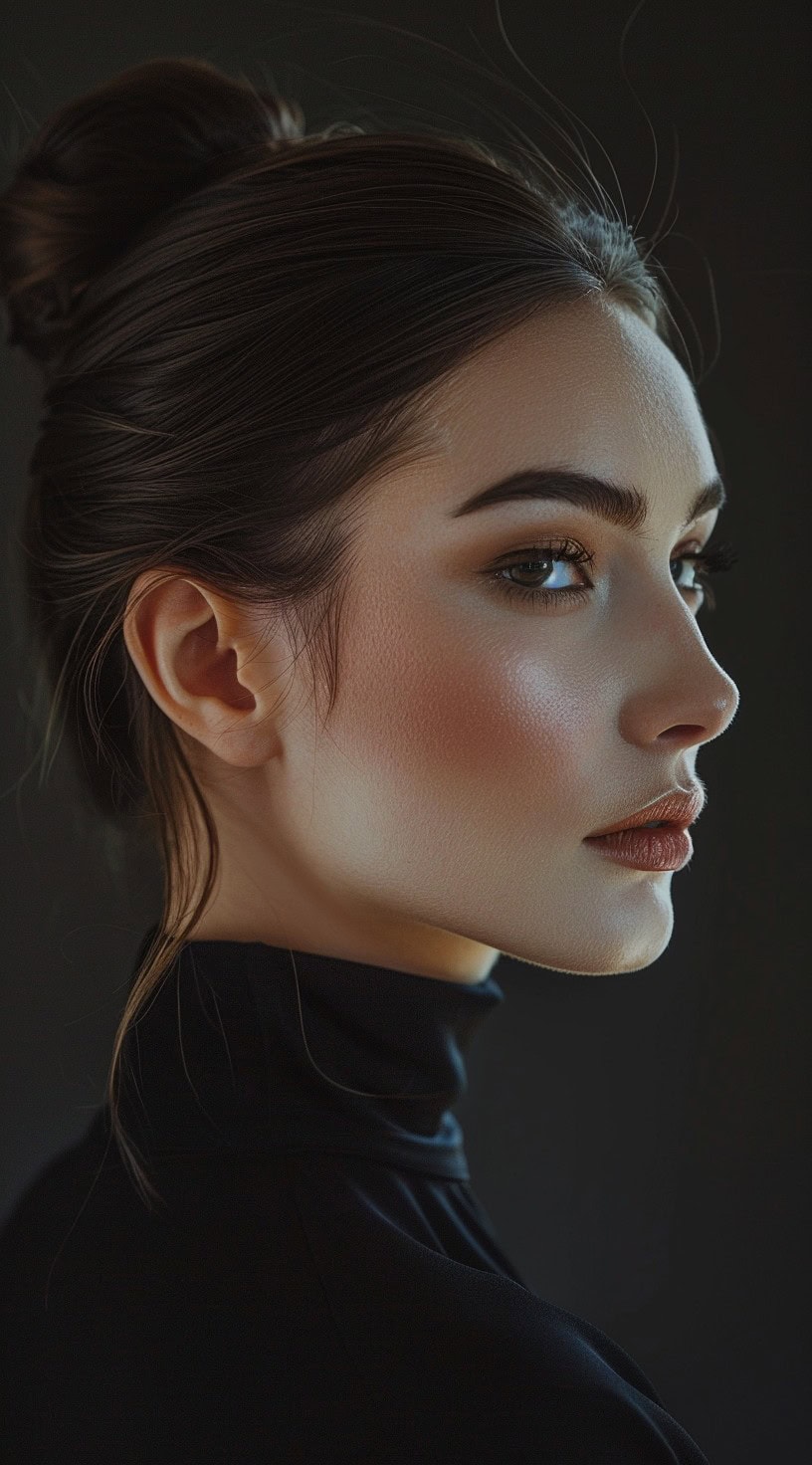 Profile view of a woman with a sleek high bun, with a few loose tendrils around her face.