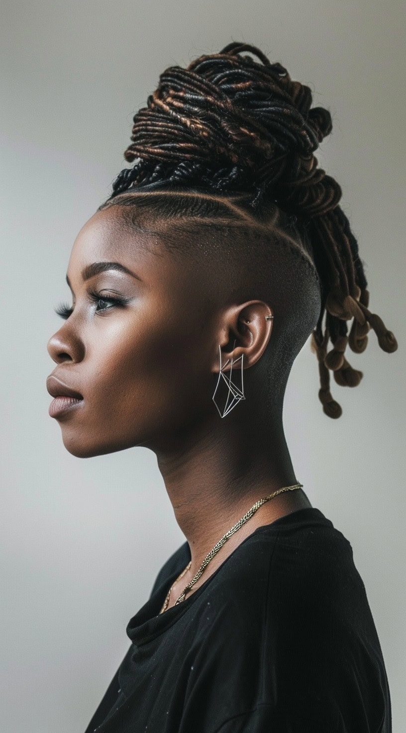 Profile view of a woman with locs styled into a high bun with a shaved design.