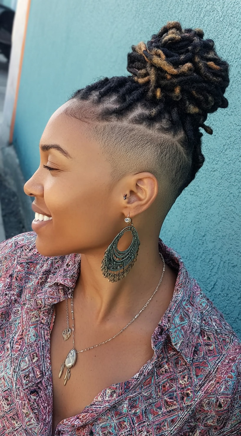 Side view of a woman with dark locs styled into a high bun, featuring a clean tapered undercut and subtle golden highlights.