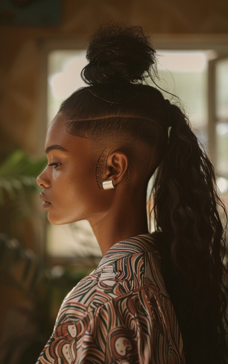 Side view of a woman with a high bun and curly ponytail, featuring intricate shaved designs.