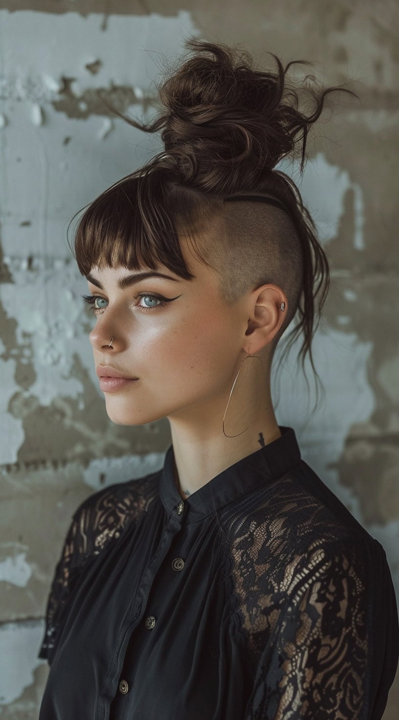 This photo features a woman with a high bun and shaved sides.