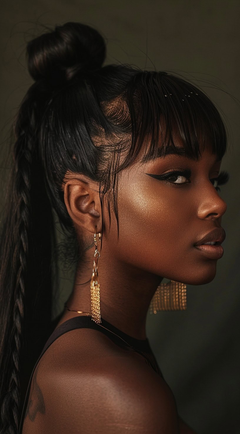 A woman with a high bun, sleek braided ponytail, and wispy bangs.