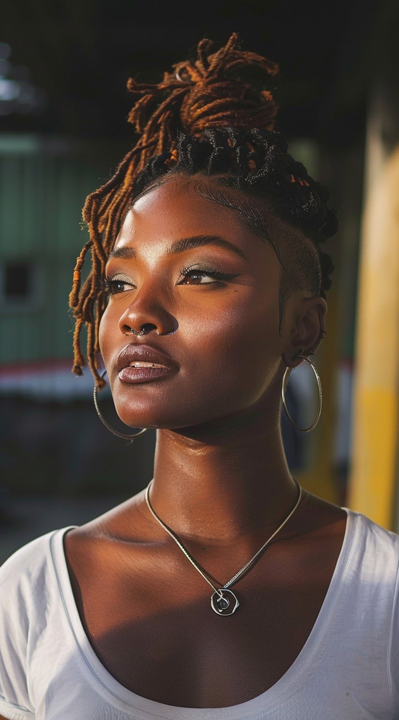 Front view of a woman with locs styled into a high bun and an undercut, standing in a sunlit area.