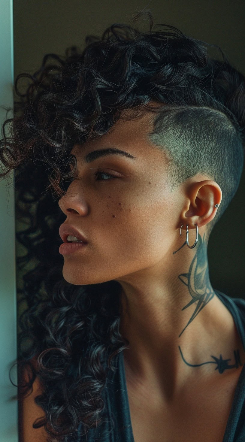 A woman with long curly hair and a high contrast shaved undercut.