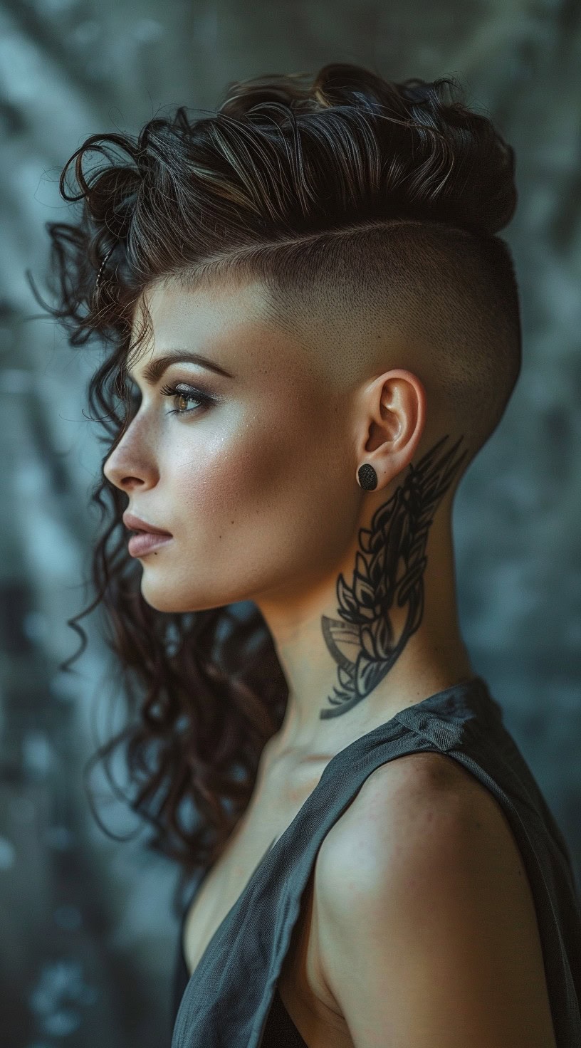 This image displays a woman with a high contrast undercut and curly hair.