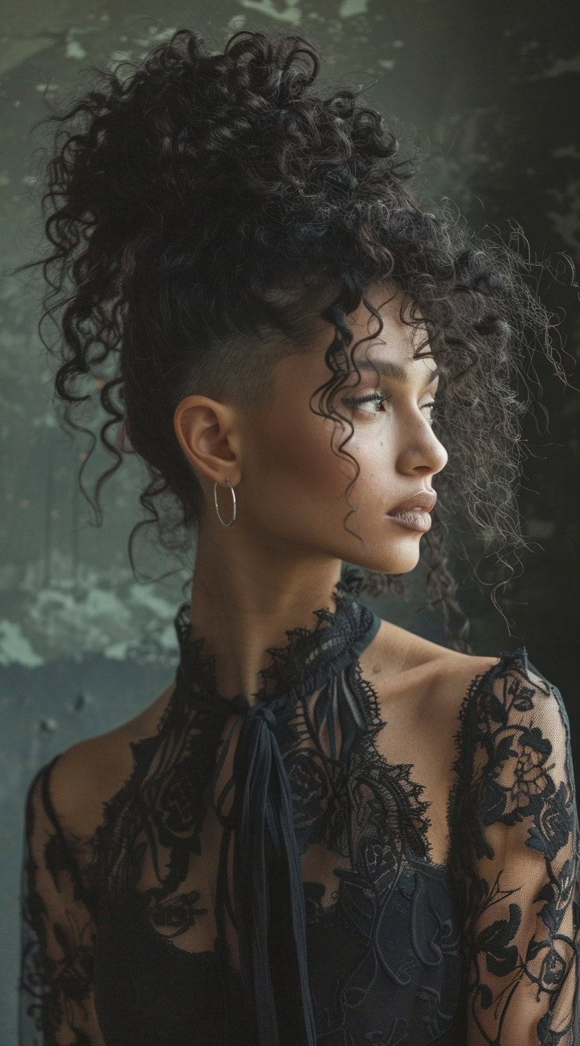 A woman with a high curly updo and a shaved undercut.