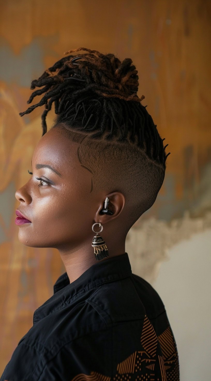 Profile view of a woman with locs styled into a high front bun and a shaved undercut.