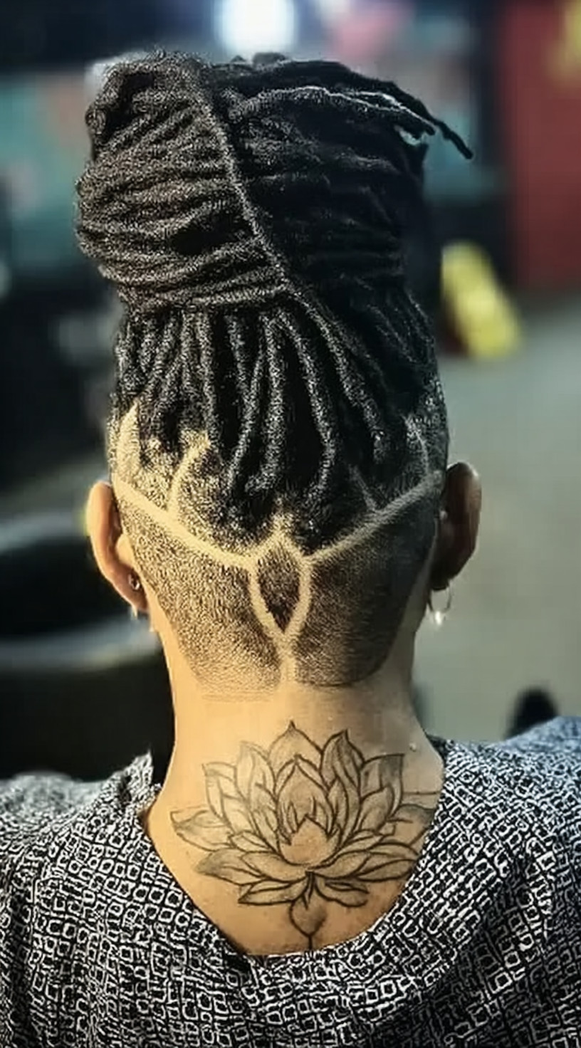 Rear view of a woman with a high loc bun and an intricate geometric shaved design at the back.