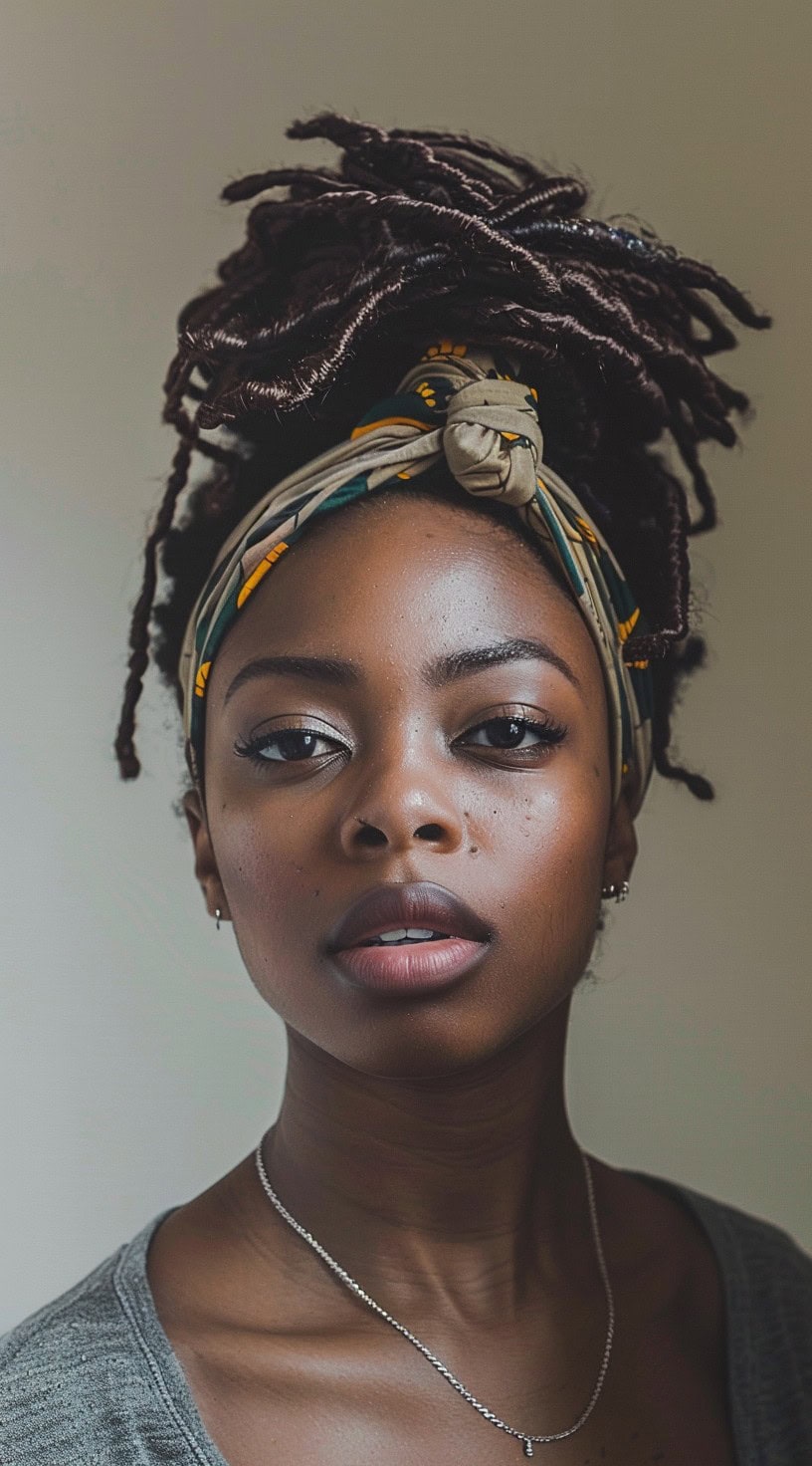 Front view of a woman with locs styled high with a headband and an undercut, captured indoors.