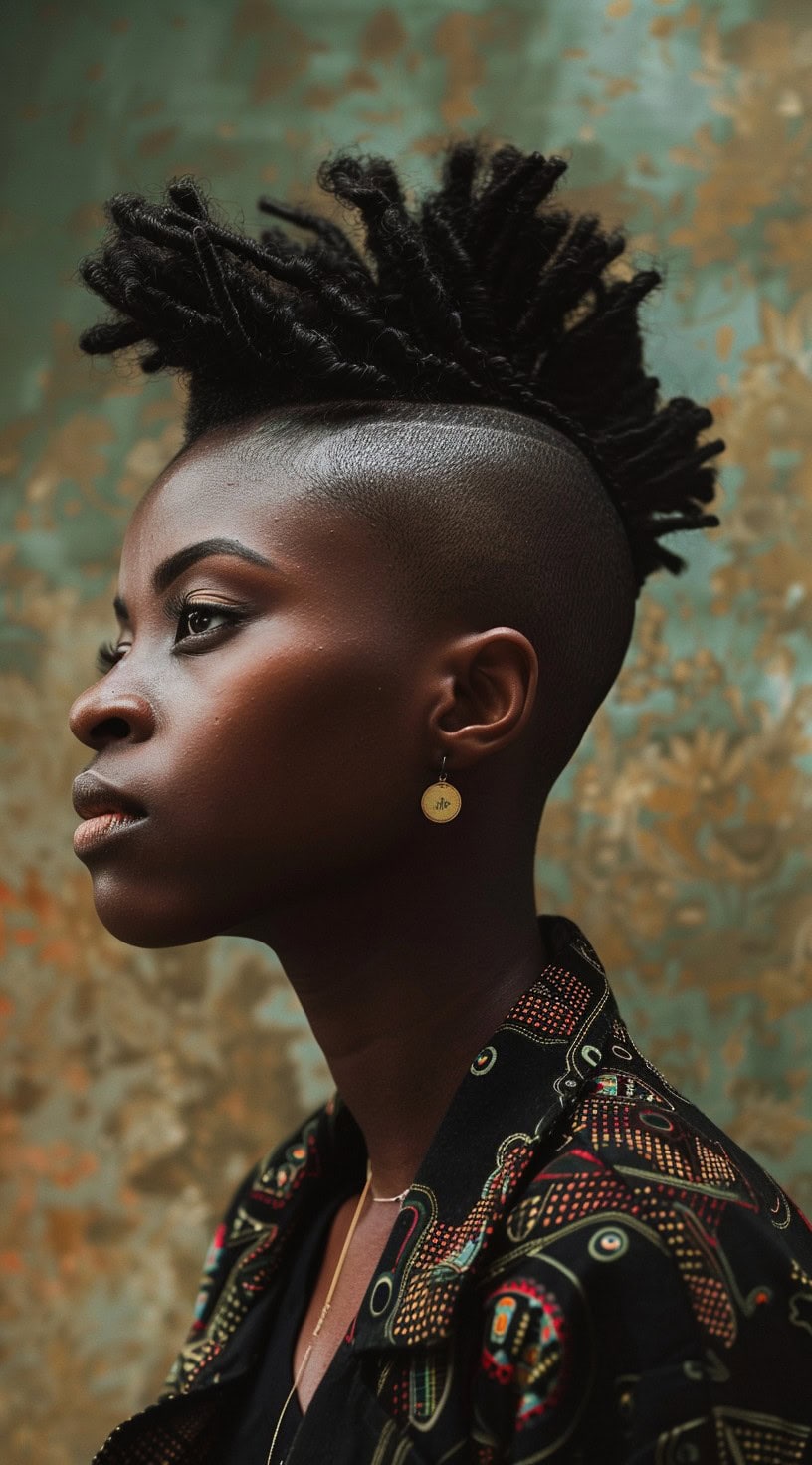 Profile view of a woman with locs styled into a high mohawk and shaved sides, against a patterned background.