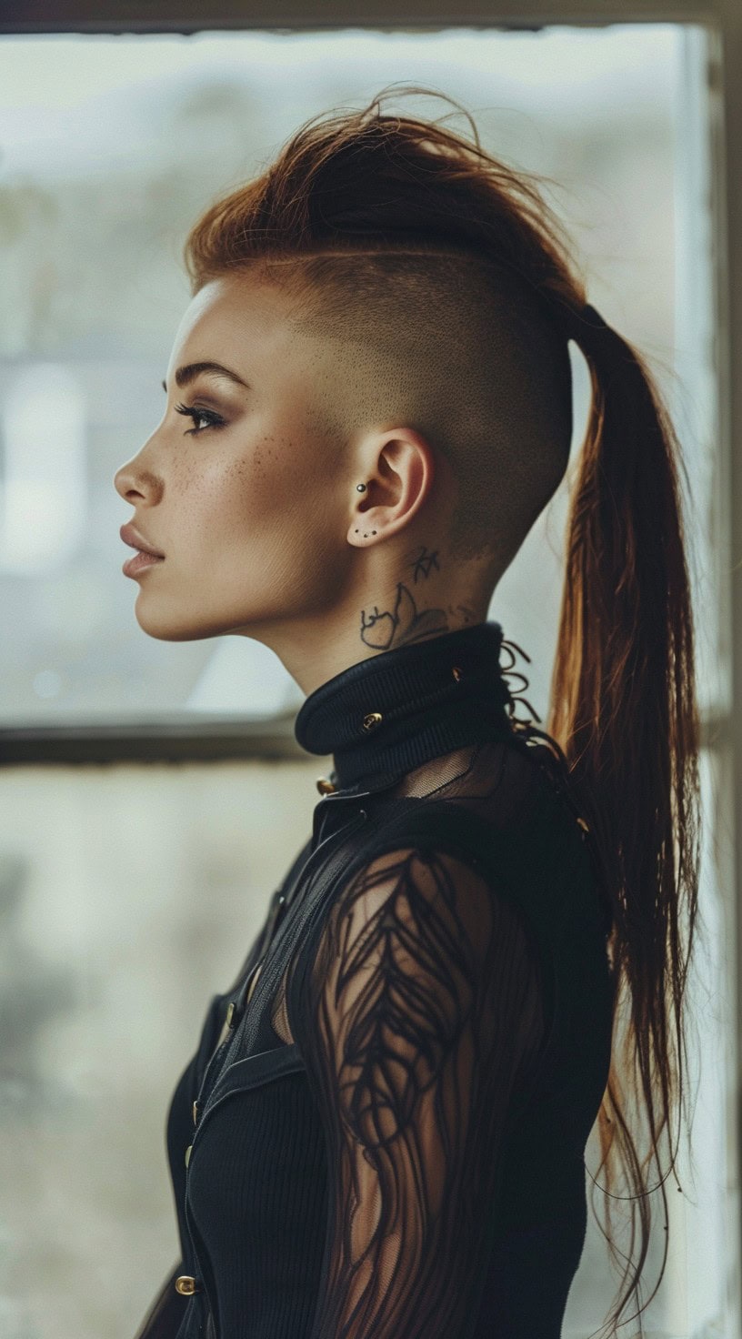 This photo shows a woman with a high ponytail and a shaved undercut.