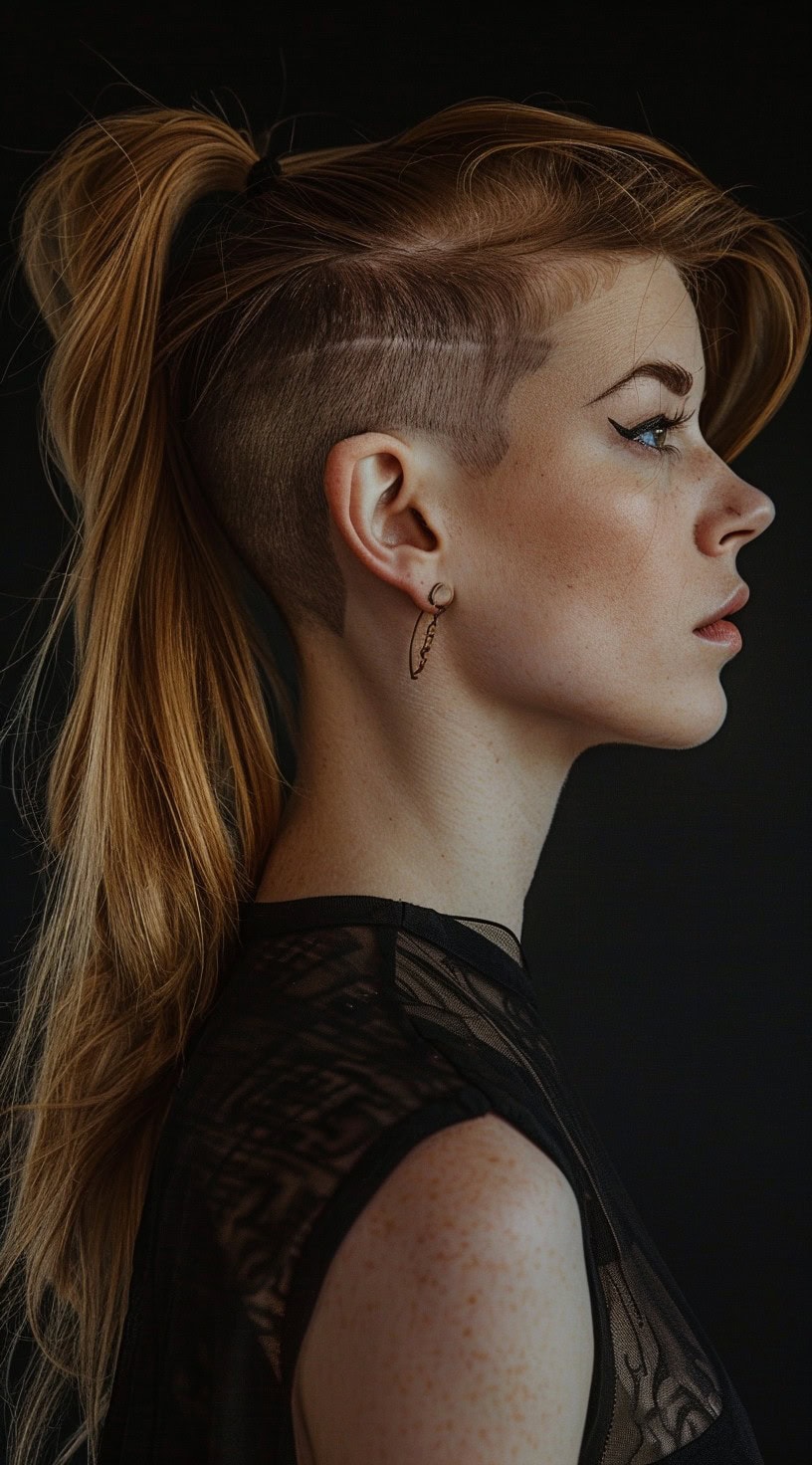 This photo depicts a woman with a high ponytail and side-swept bangs.