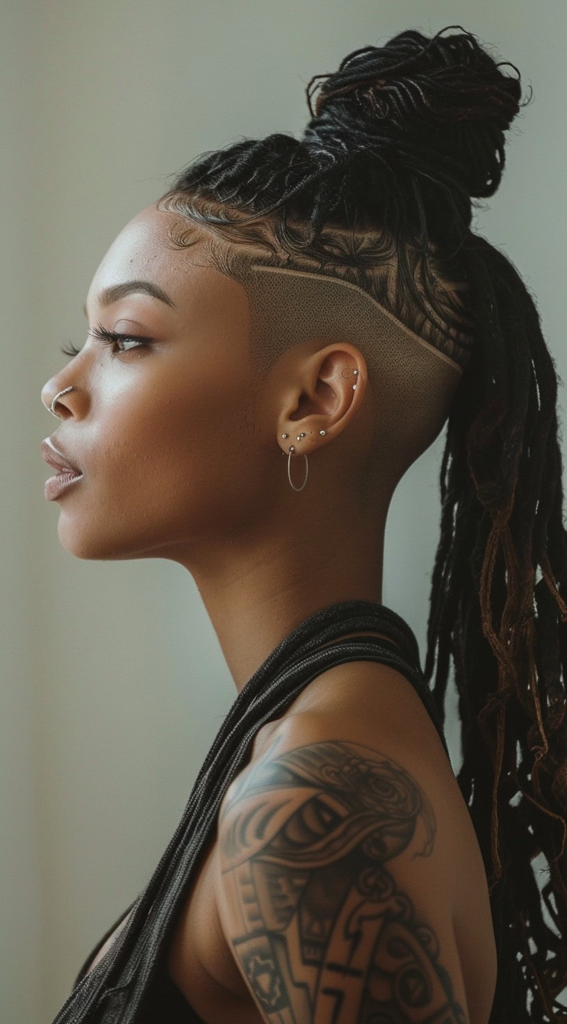 Profile view of a woman with locs in a high ponytail and a geometric shaved undercut.