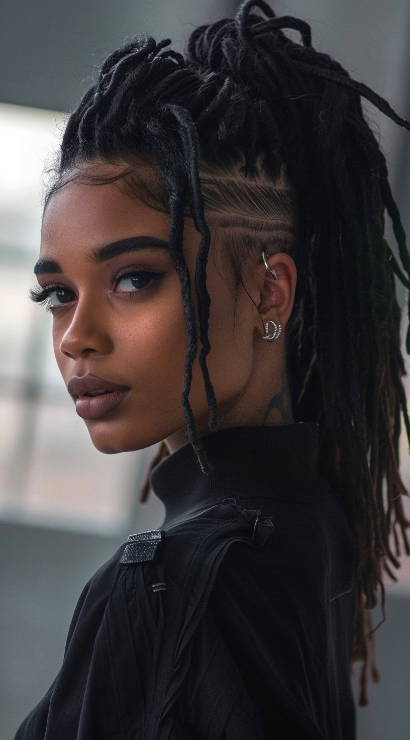 Side view of a woman with locs styled into a high ponytail and subtle undercut, captured indoors.