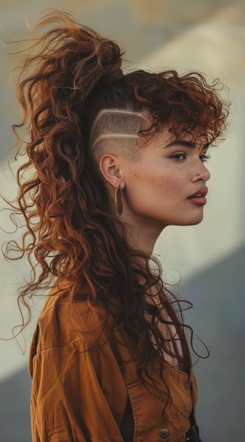 A woman with a high ponytail and curly bangs, featuring a shaved undercut.