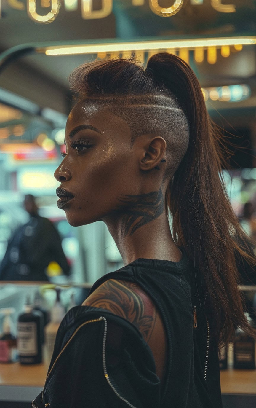 Side view of a woman with a high ponytail and sharp undercut, displaying a neck tattoo.