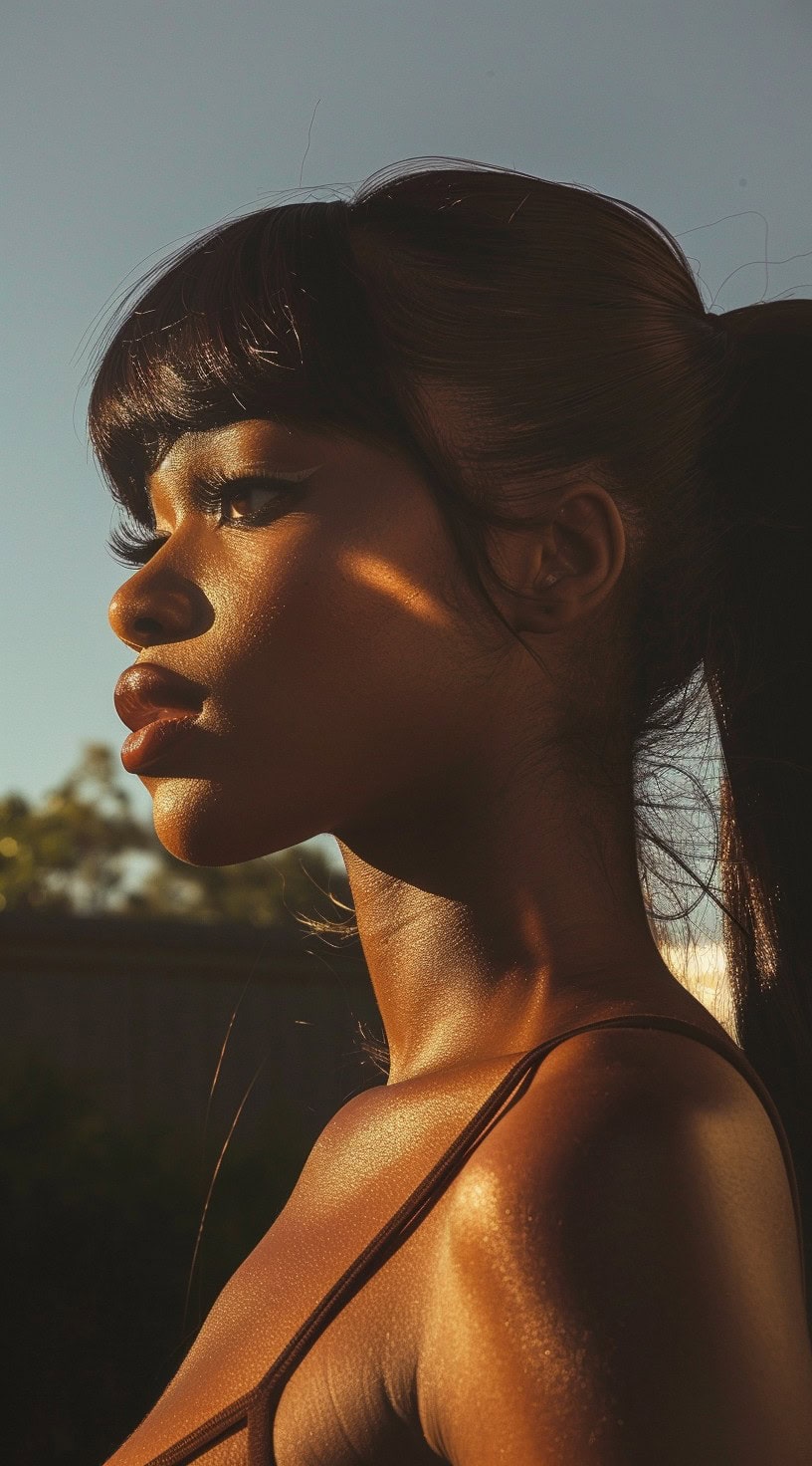 A woman with a high ponytail, short blunt bangs, and framing tendrils.