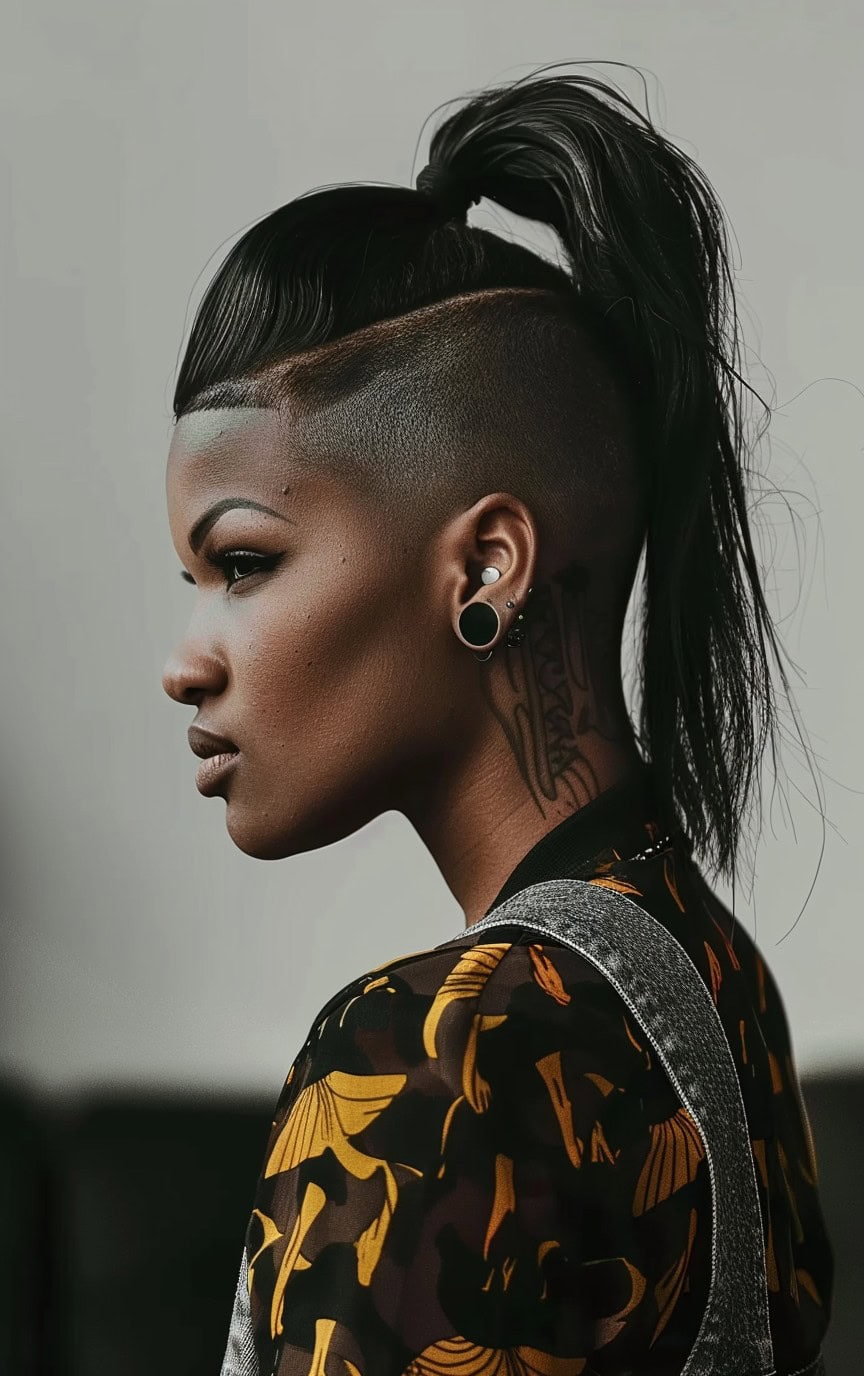 Profile of a woman with a high ponytail and shaved sides, wearing a patterned top.