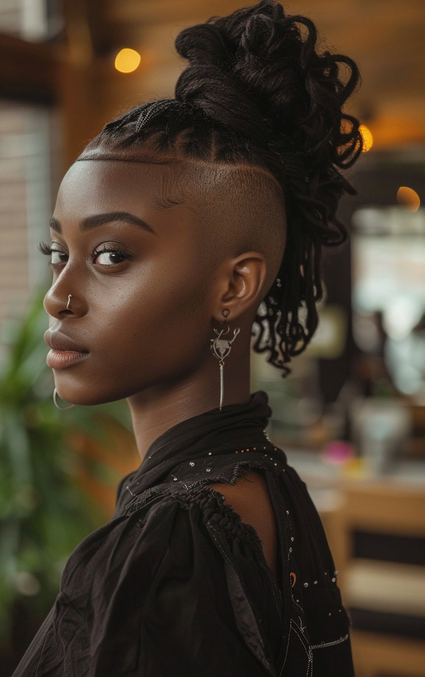 Profile of a woman with a high ponytail and voluminous top, highlighted by warm indoor lighting.