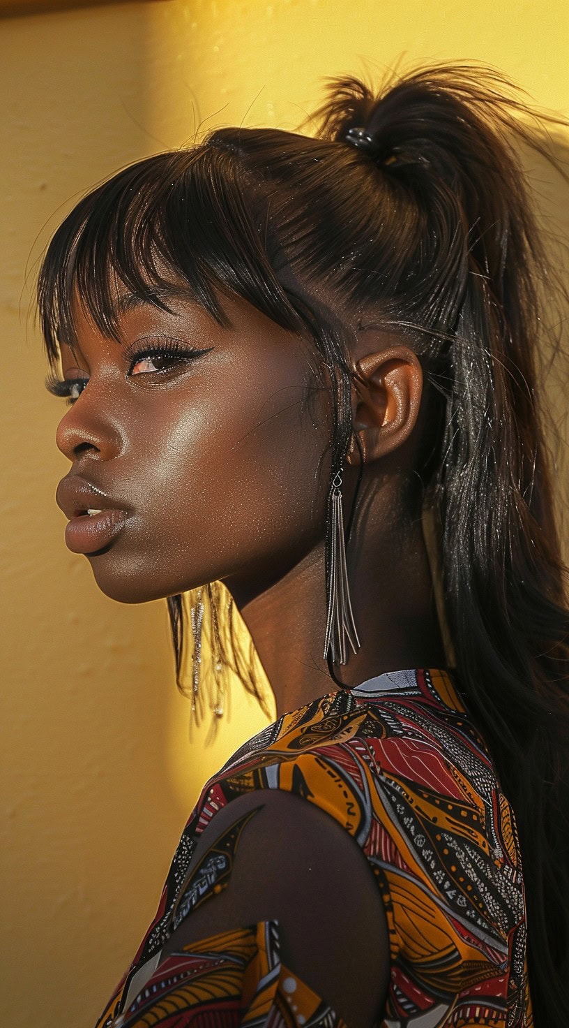 A woman with a high ponytail and wispy bangs.