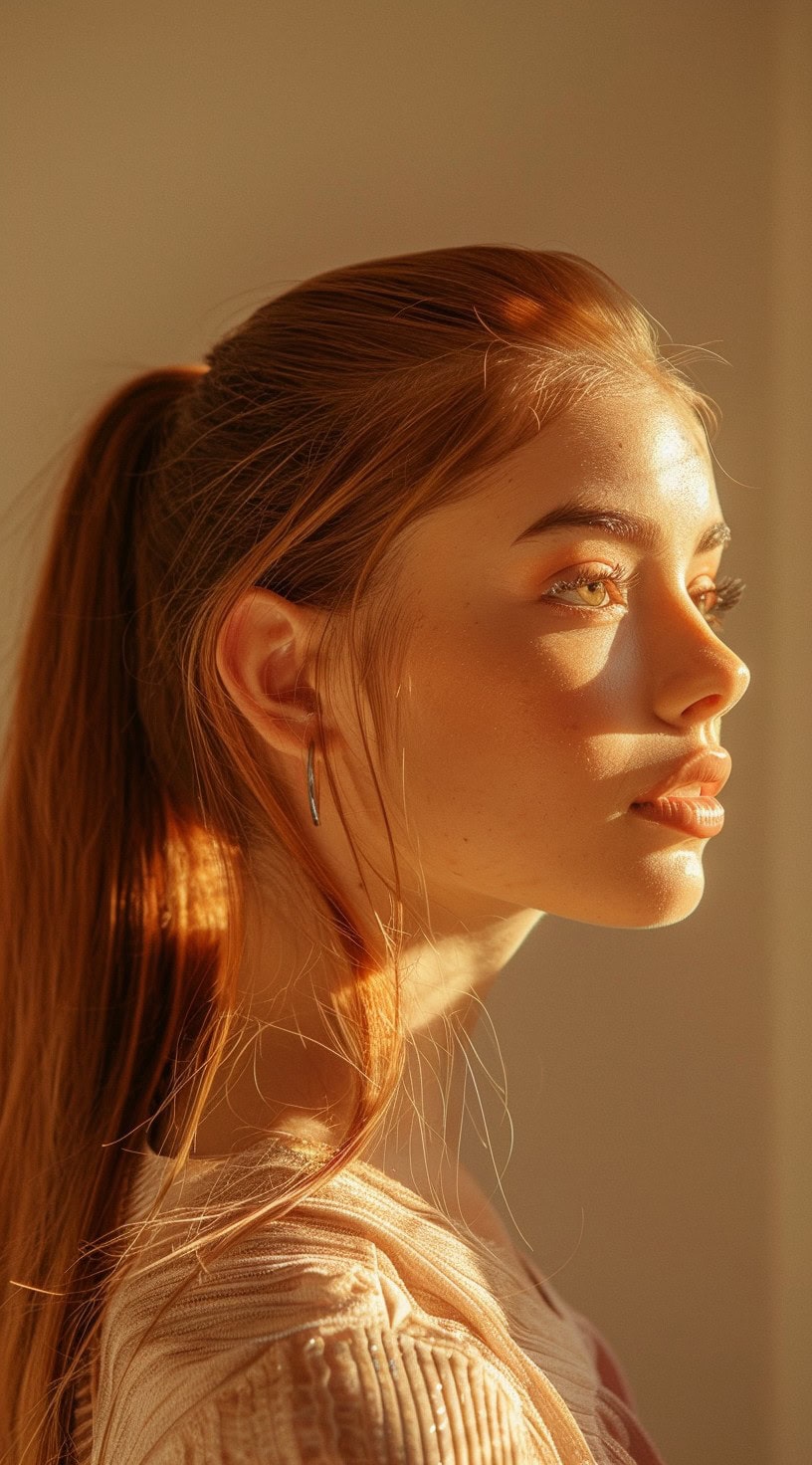 A young woman with long red hair pulled back into a sleek high ponytail.