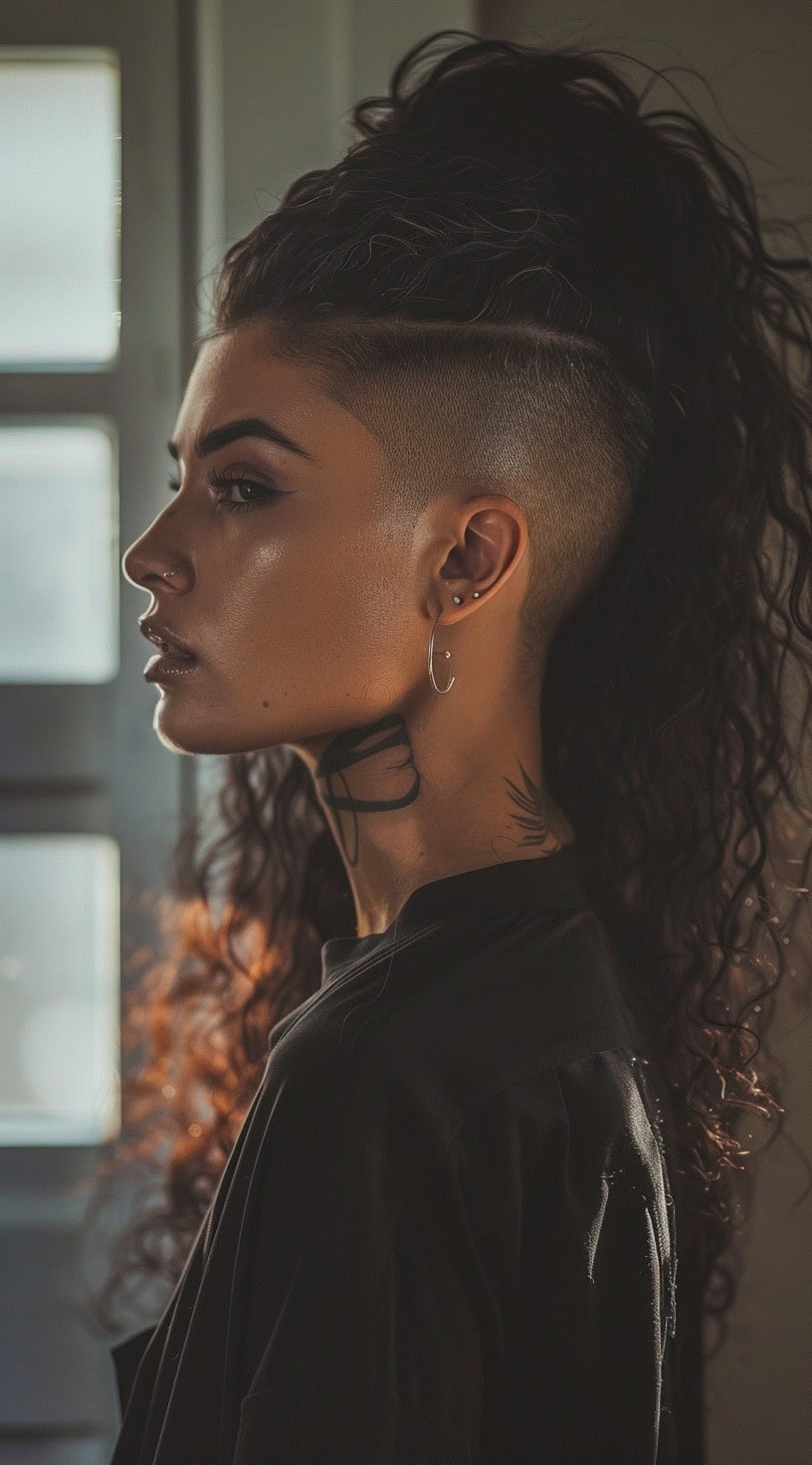 A woman with a high, voluminous curly ponytail and a shaved undercut.