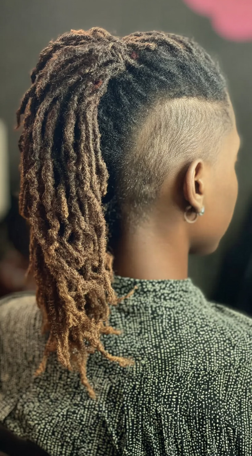 Rear side view of honey brown locs styled into a mohawk with faded sides.