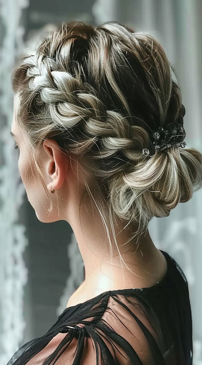 A young woman with intricate braids woven into a low bun at the nape of her neck.