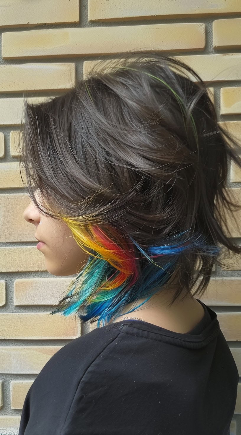 In this photo, a woman with a layered bob hairstyle features rainbow peekaboo highlights.