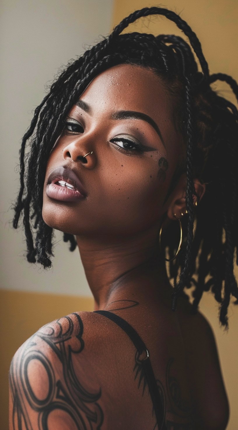 Front view of a woman with a loc bob and an undercut, posing against a light background.