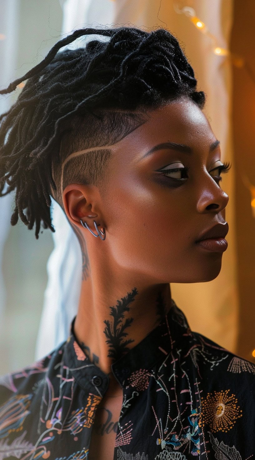 Side view of a woman with locs styled with a detailed shaved design, standing indoors.