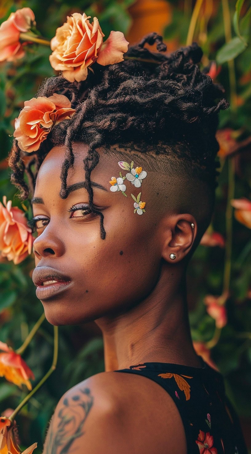 Side view of a woman with locs adorned with floral motifs and a shaved undercut, standing in a garden.