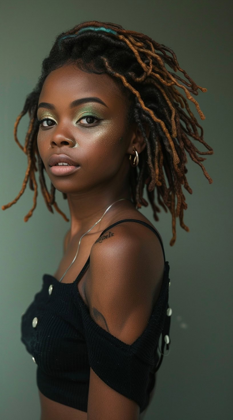 Front view of a woman with locs featuring a gradient color and a shaved undercut, posing indoors.