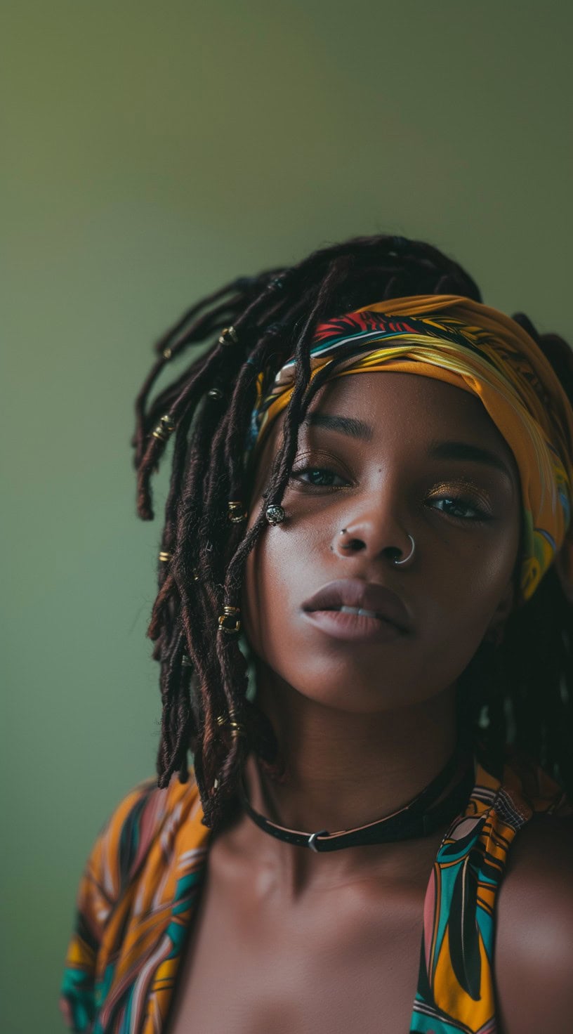 Front view of a woman with locs adorned with a headband and beads, captured against a green background.